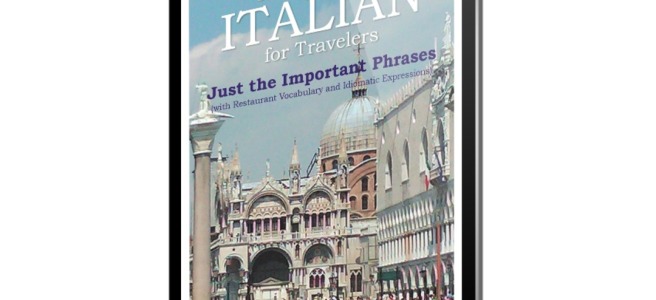 The cover of Conversational Italian for Travelers "Just the Important Phrases" book is viewed on a smartphone
